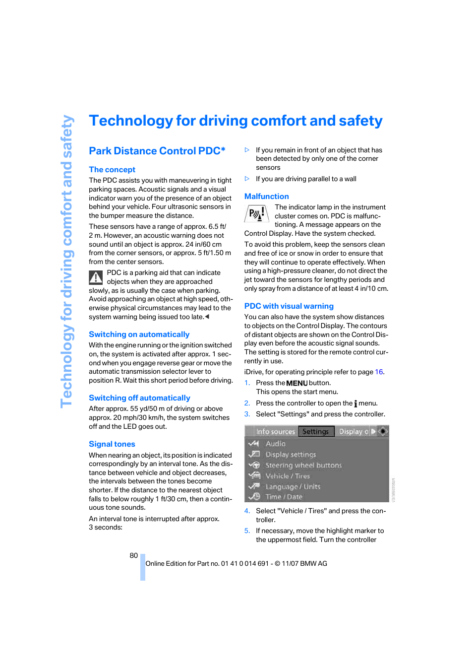 Technology for driving comfort and safety, Park distance control pdc, Te chnology for driving comfort and safe ty | BMW 135i Coupe 2008 User Manual | Page 82 / 260