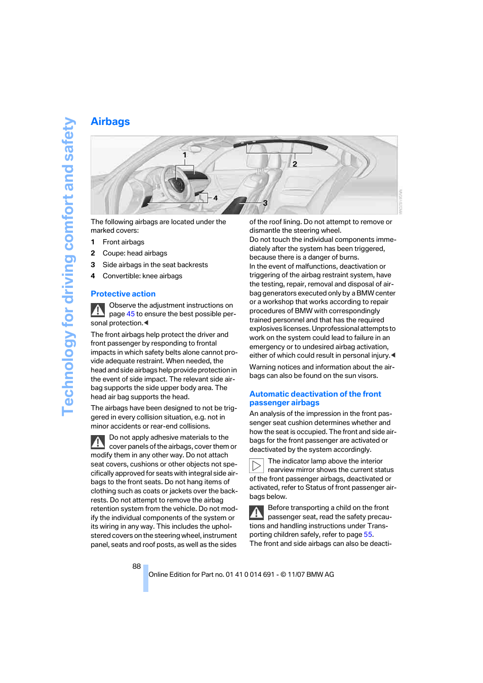 Airbags, Te chnology for driving comfort and safe ty | BMW 135i Coupe 2008 User Manual | Page 90 / 260