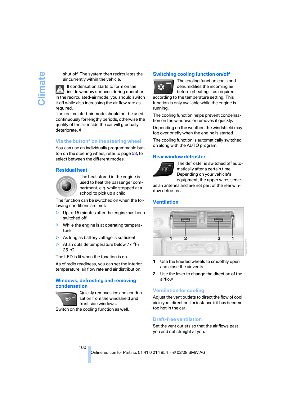 Ndows, Climate | BMW 135i Convertible 2008 User Manual | Page 102 / 264