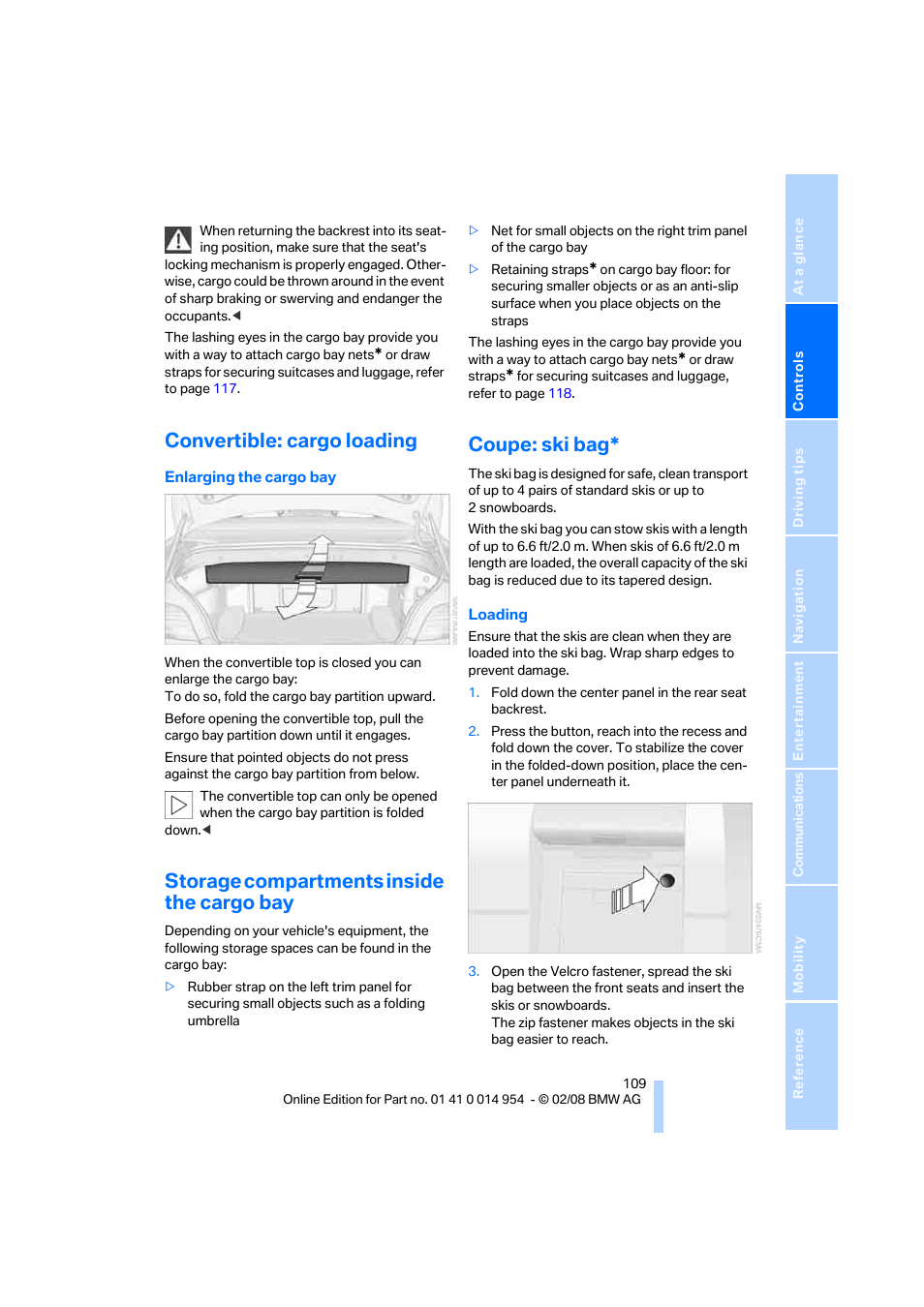 Convertible: cargo loading, Storage compartments inside the cargo bay, Coupe: ski bag | BMW 135i Convertible 2008 User Manual | Page 111 / 264