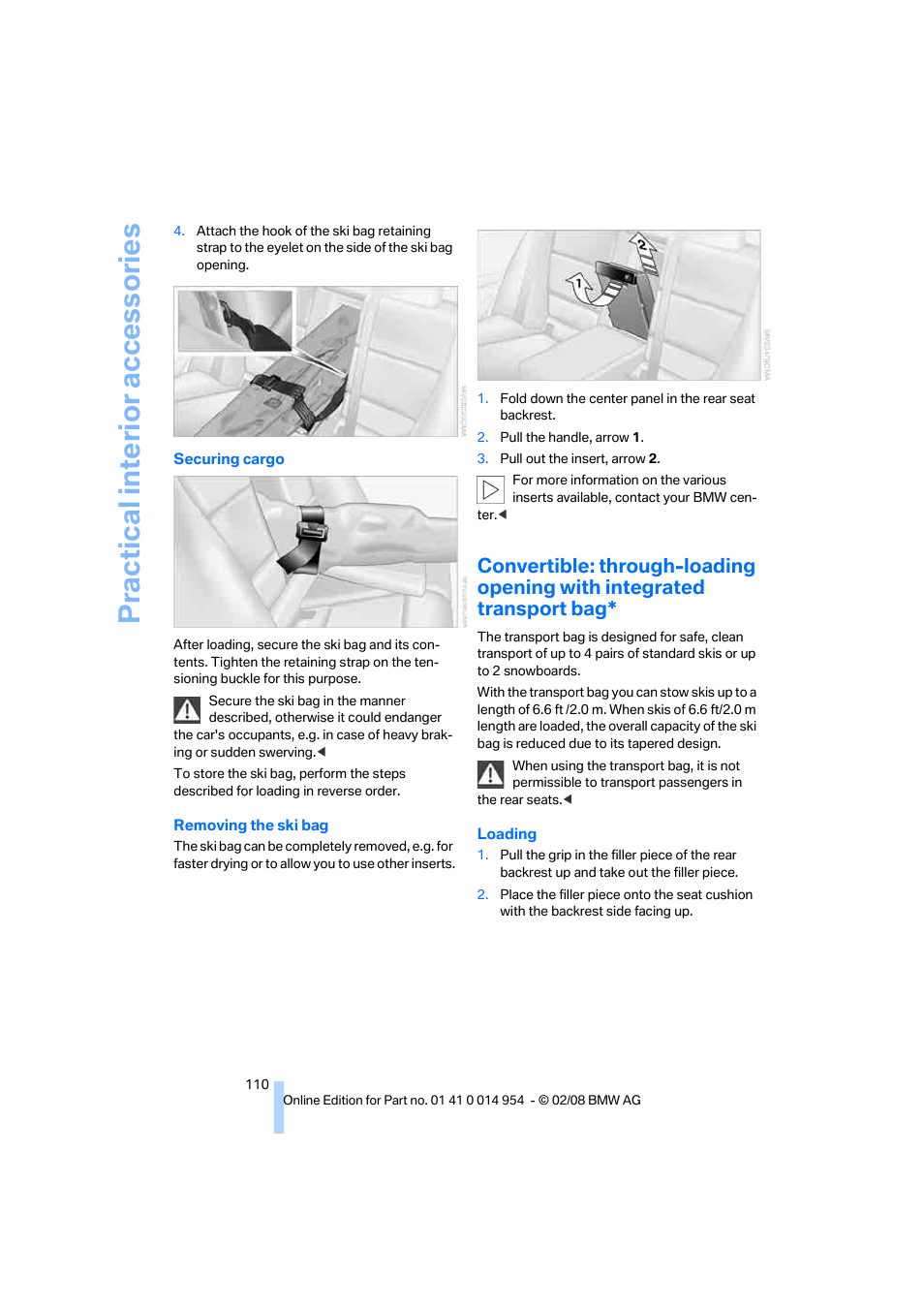 Practical interi or acc ess orie s | BMW 135i Convertible 2008 User Manual | Page 112 / 264