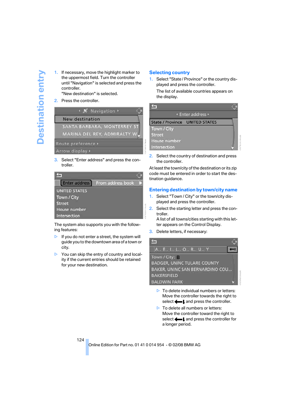 Destination entry | BMW 135i Convertible 2008 User Manual | Page 126 / 264