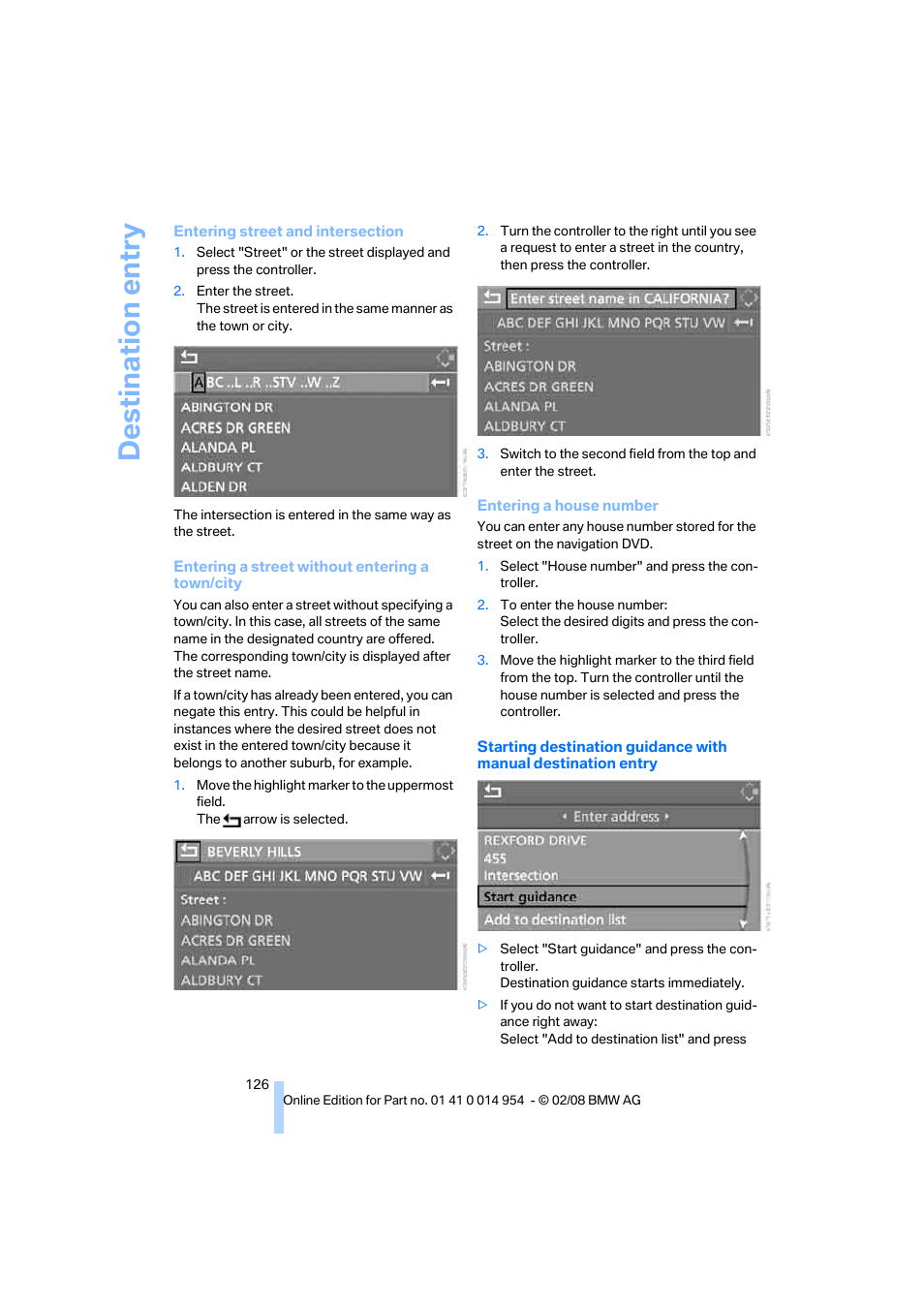 Destination entry | BMW 135i Convertible 2008 User Manual | Page 128 / 264