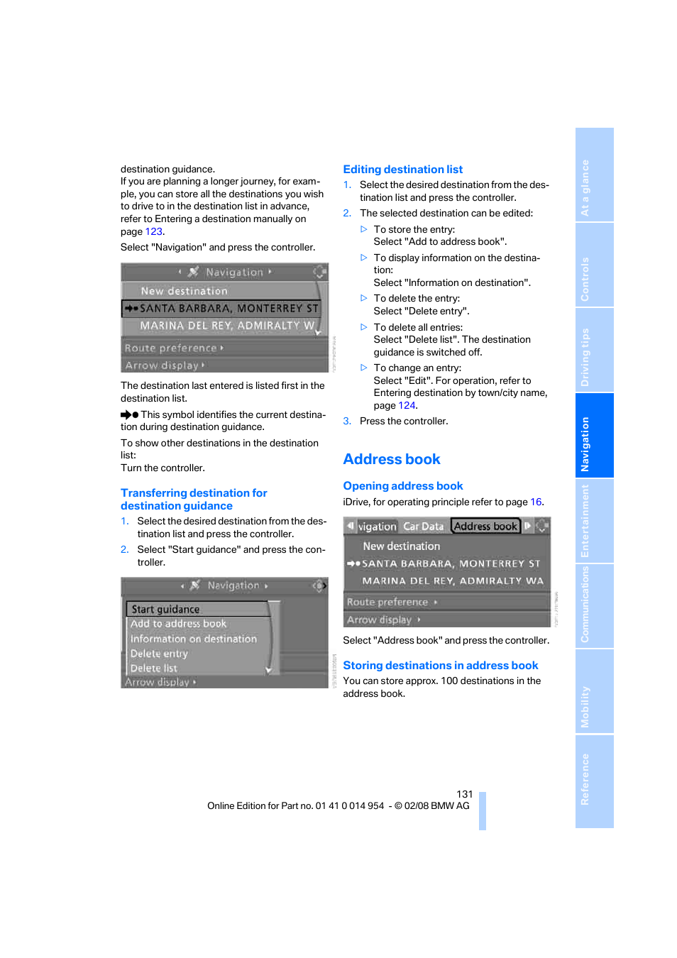 Address book | BMW 135i Convertible 2008 User Manual | Page 133 / 264