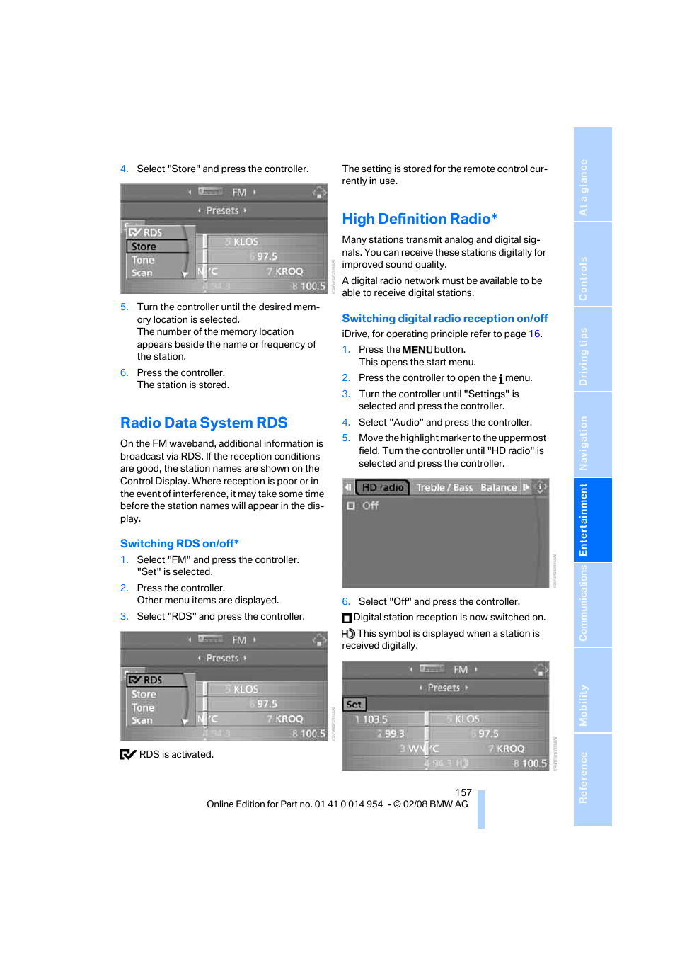 Radio data system rds, High definition radio | BMW 135i Convertible 2008 User Manual | Page 159 / 264