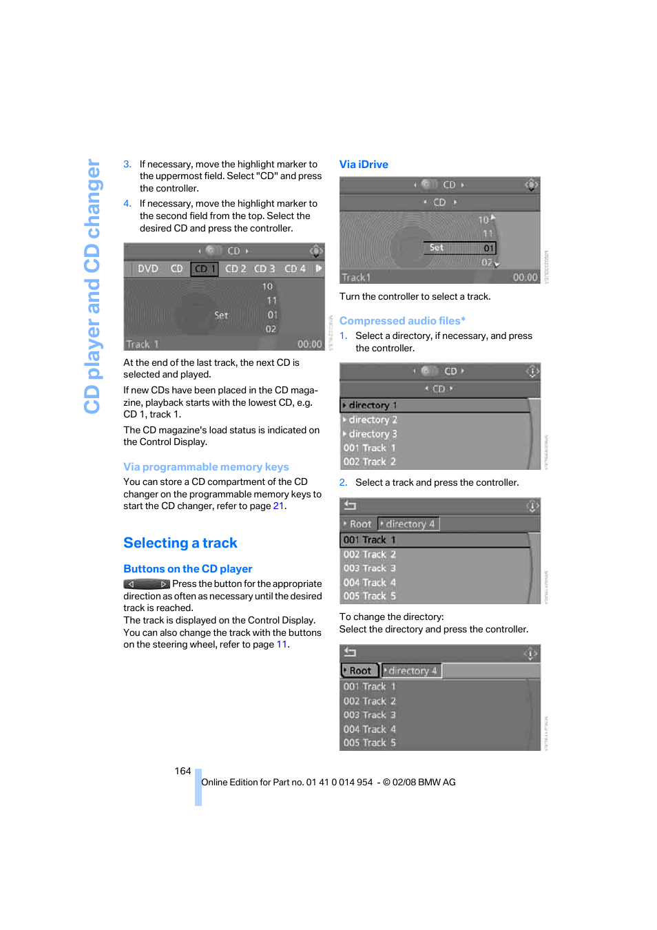 Selecting a track, Cd player and cd changer | BMW 135i Convertible 2008 User Manual | Page 166 / 264