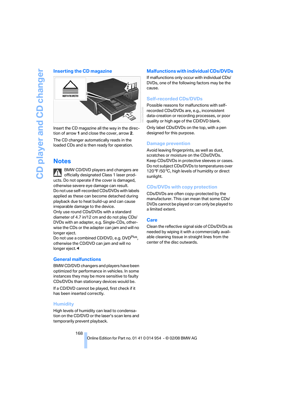 Notes, Cd player and cd changer | BMW 135i Convertible 2008 User Manual | Page 170 / 264