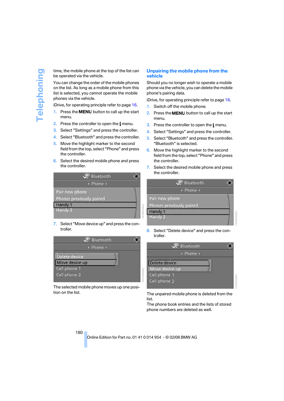 Telep h oning | BMW 135i Convertible 2008 User Manual | Page 182 / 264