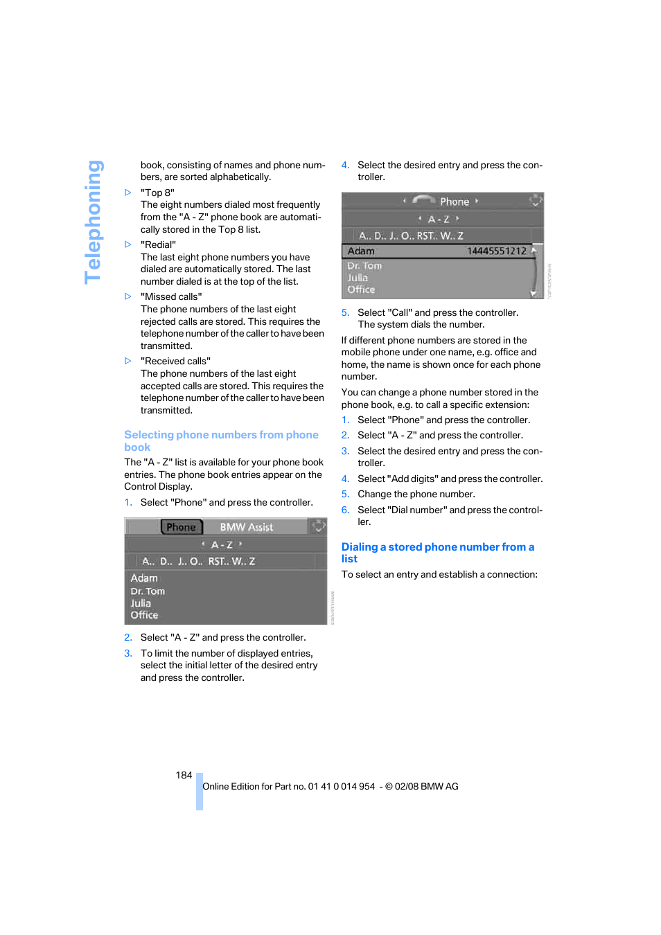 Telep h oning | BMW 135i Convertible 2008 User Manual | Page 185 / 264