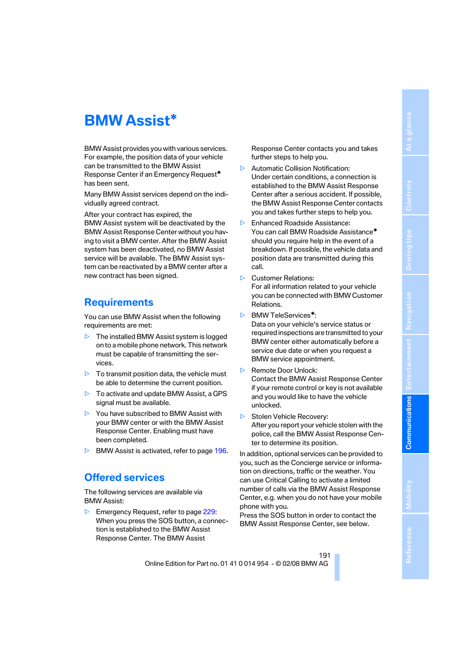 Bmw assist, Requirements, Offered services | BMW 135i Convertible 2008 User Manual | Page 192 / 264