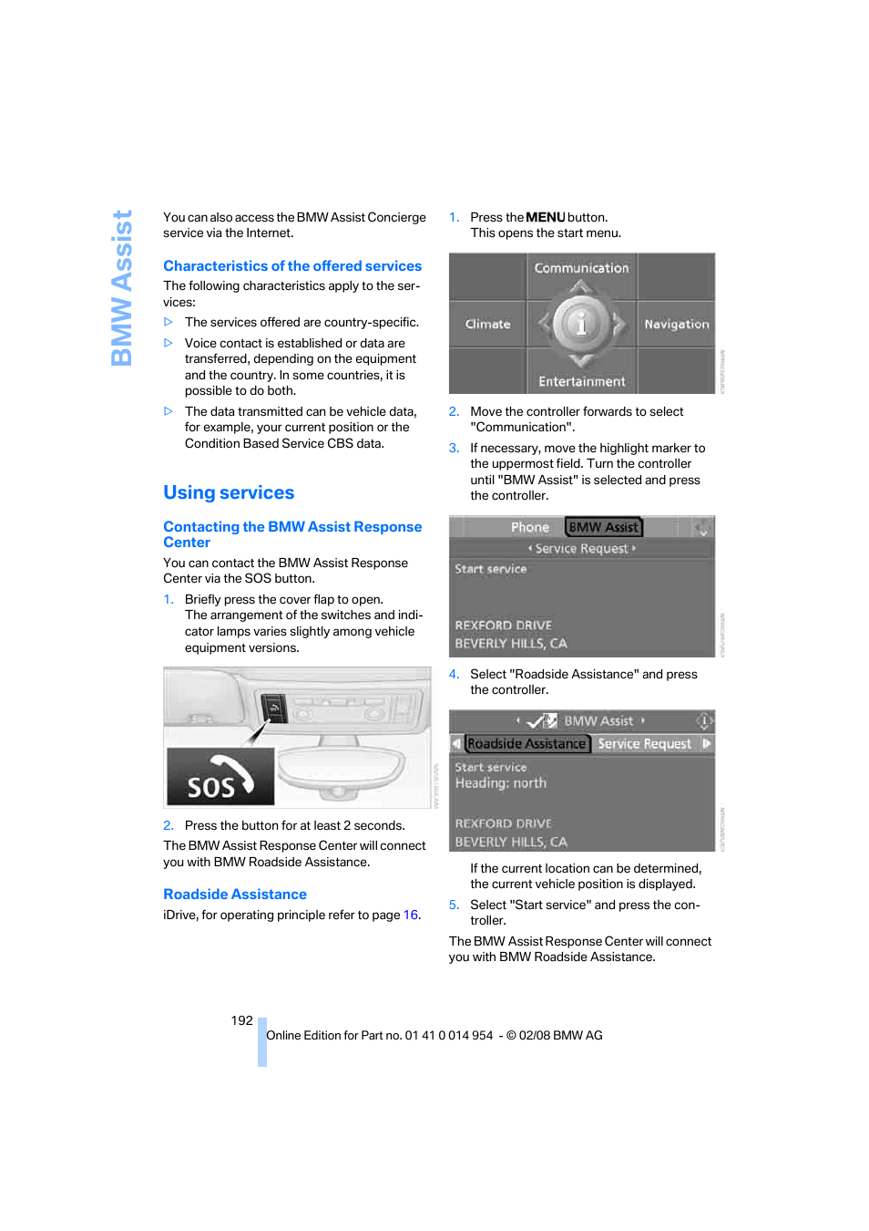 Using services, Bmw assis t | BMW 135i Convertible 2008 User Manual | Page 193 / 264