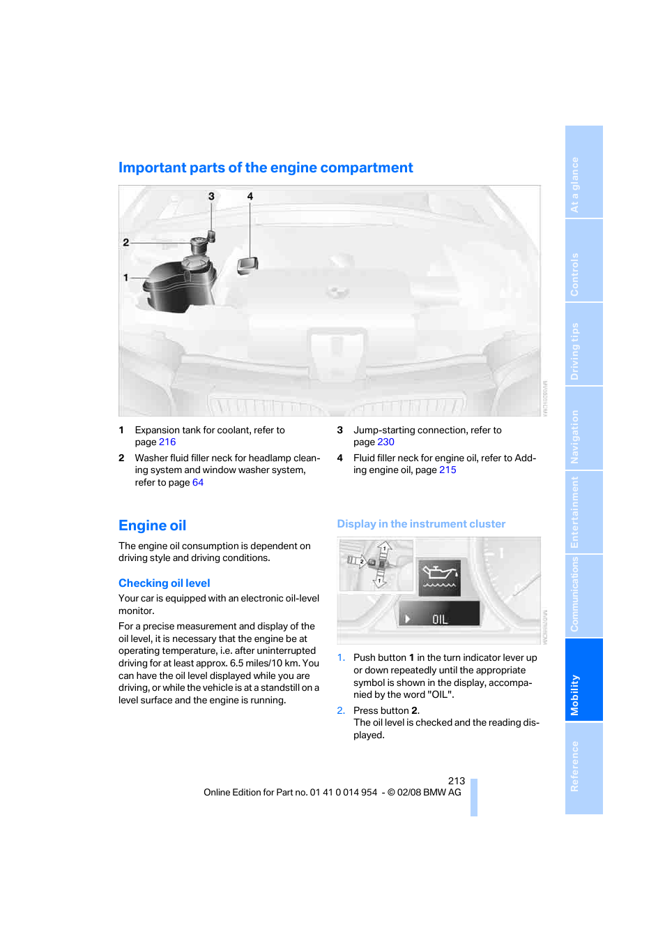 Important parts of the engine compartment, Engine oil | BMW 135i Convertible 2008 User Manual | Page 215 / 264