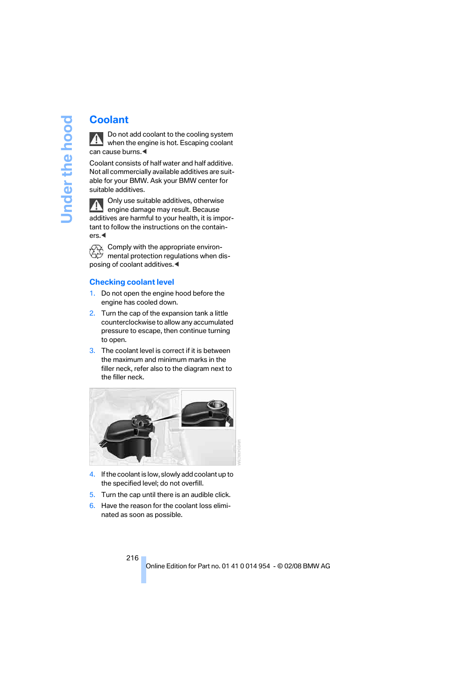 Coolant | BMW 135i Convertible 2008 User Manual | Page 218 / 264