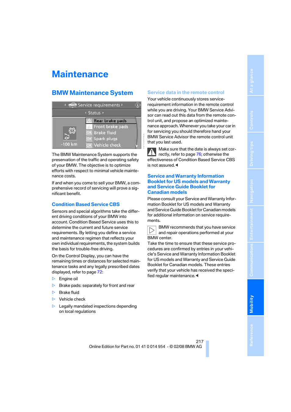 Maintenance, Bmw maintenance system, Service data in the remote control | BMW 135i Convertible 2008 User Manual | Page 219 / 264