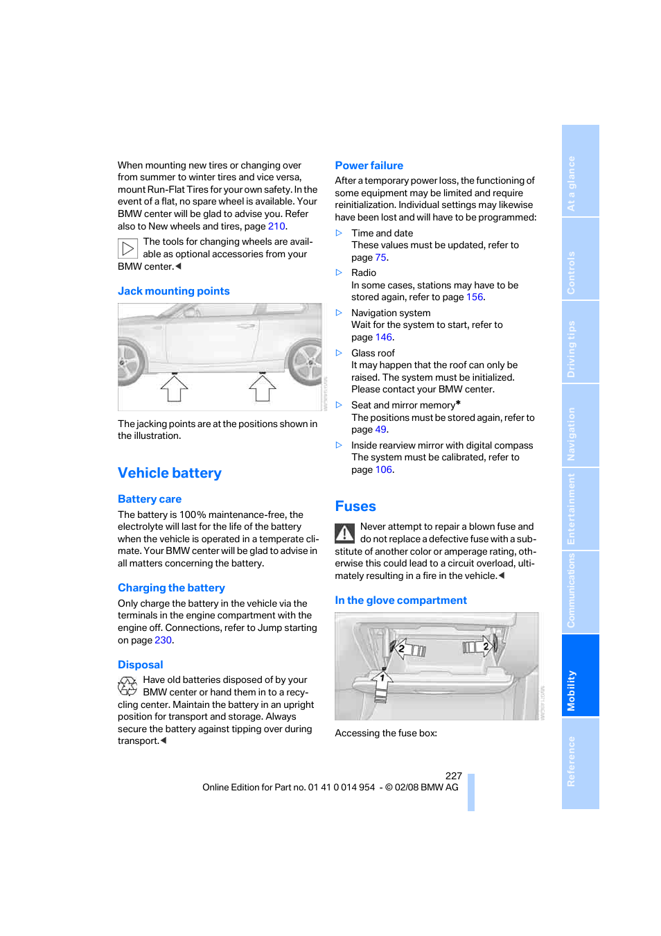 Vehicle battery, Fuses | BMW 135i Convertible 2008 User Manual | Page 229 / 264