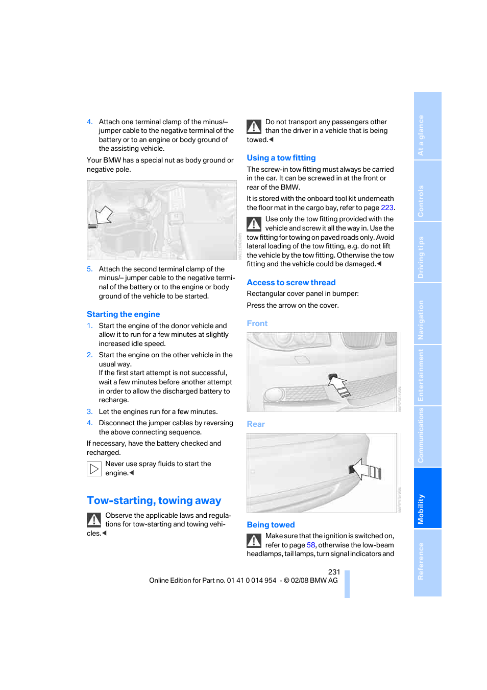 Tow-starting, towing away | BMW 135i Convertible 2008 User Manual | Page 233 / 264