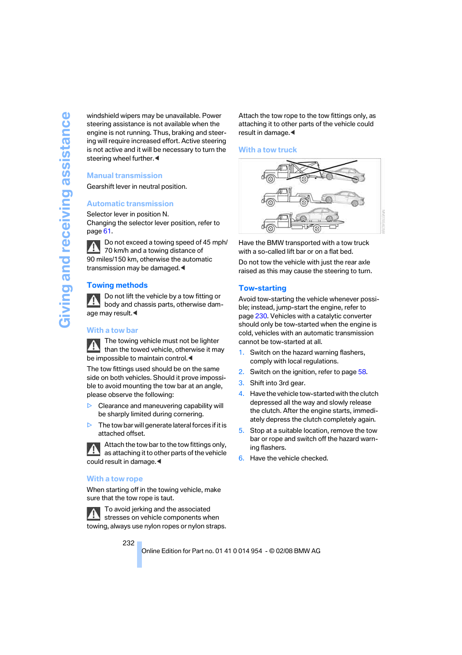 Giving and receiv ing as sistance | BMW 135i Convertible 2008 User Manual | Page 234 / 264