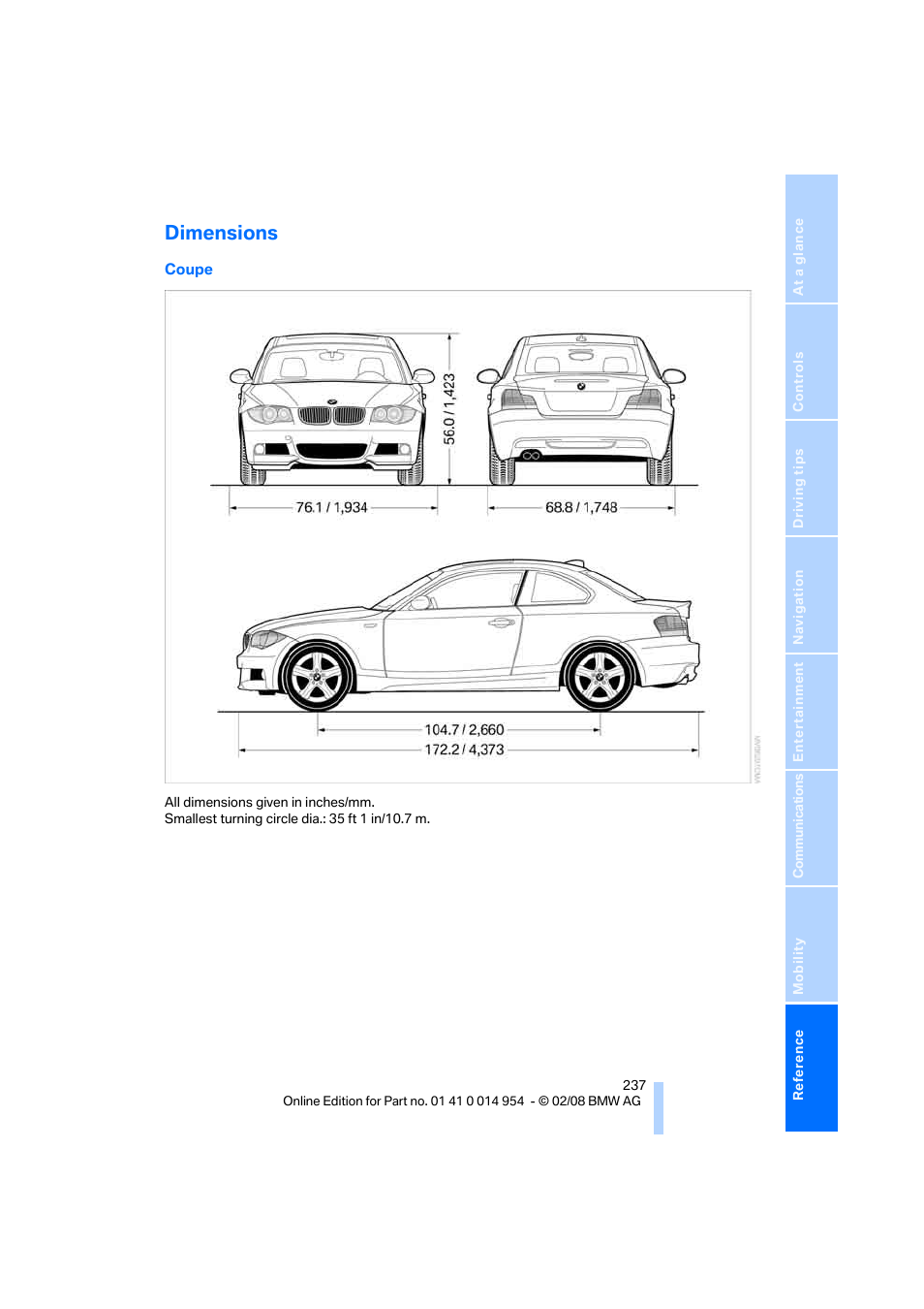 Dimensions | BMW 135i Convertible 2008 User Manual | Page 239 / 264