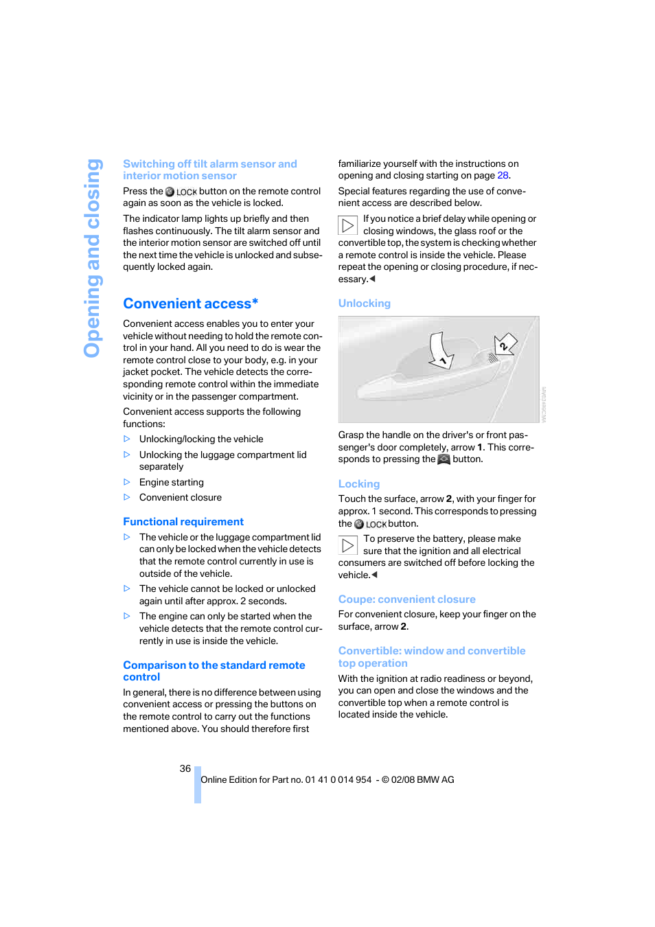 Convenient access, Opening and closing | BMW 135i Convertible 2008 User Manual | Page 38 / 264