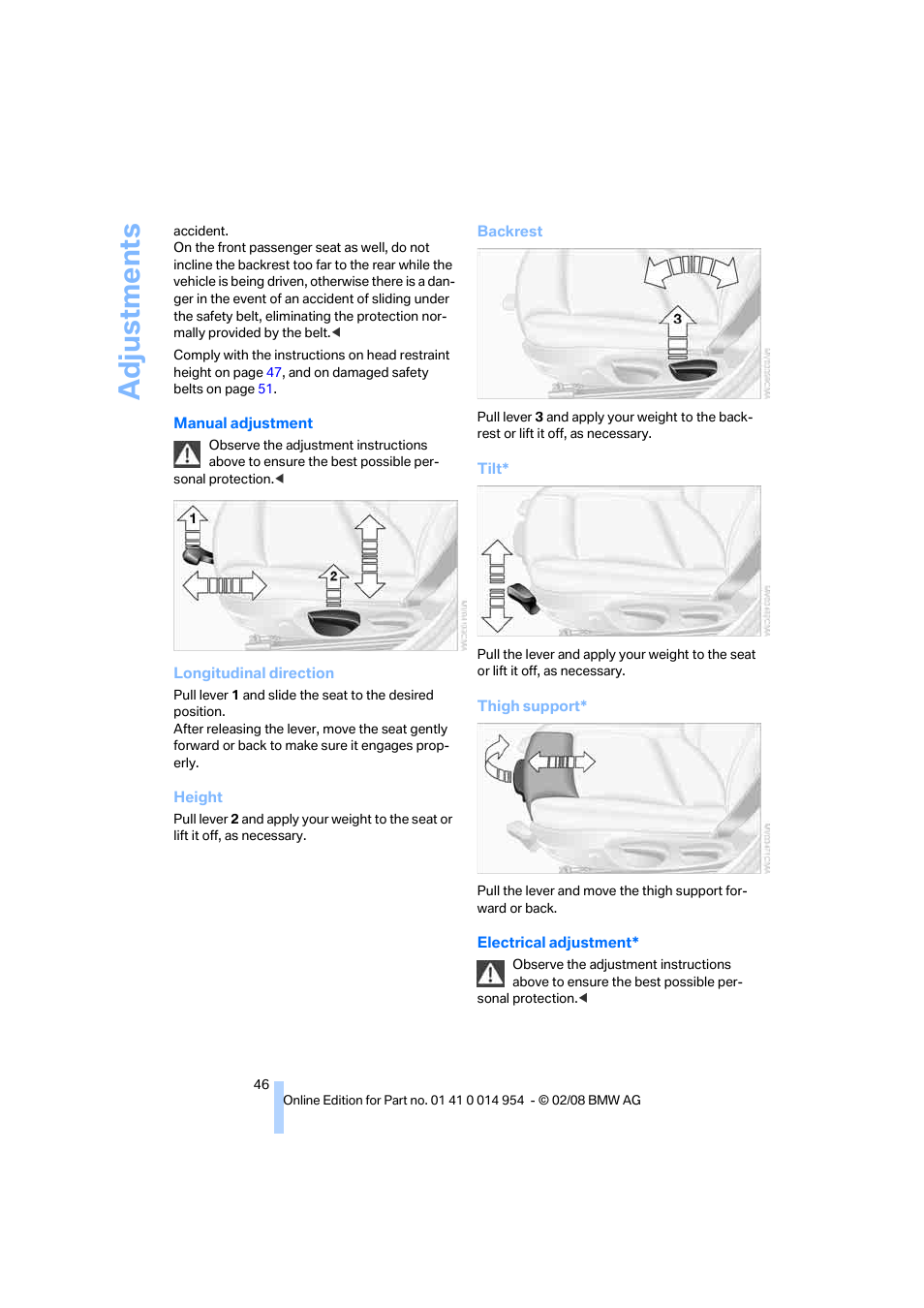 Adju stmen ts | BMW 135i Convertible 2008 User Manual | Page 48 / 264