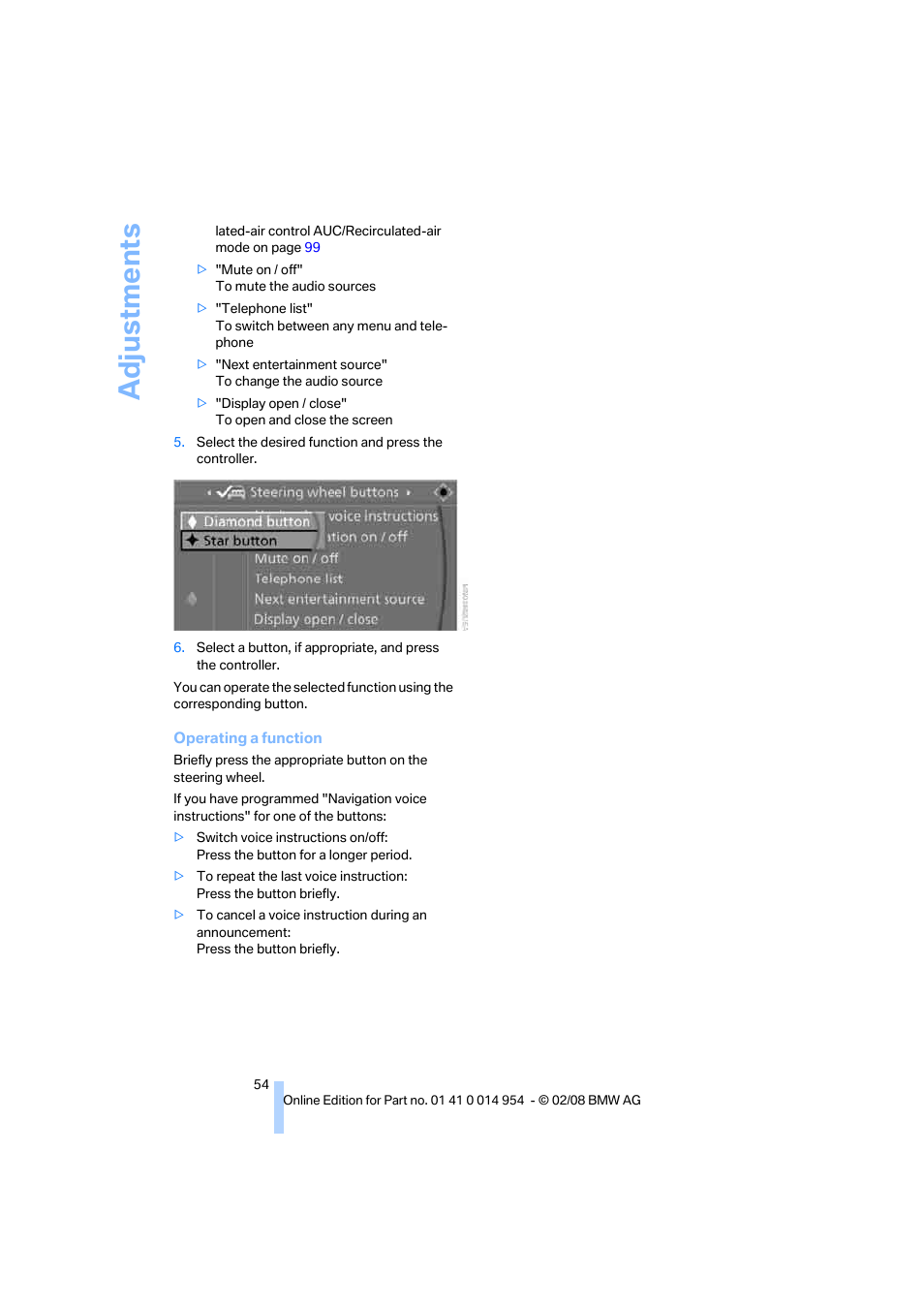 Adju stmen ts | BMW 135i Convertible 2008 User Manual | Page 56 / 264