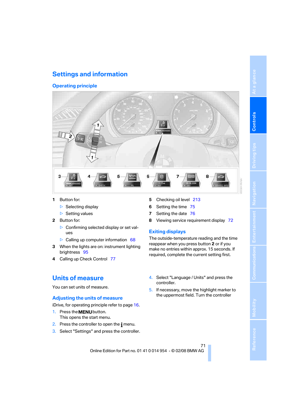 Settings and information, Units of measure, Units of mea- sure on | BMW 135i Convertible 2008 User Manual | Page 73 / 264