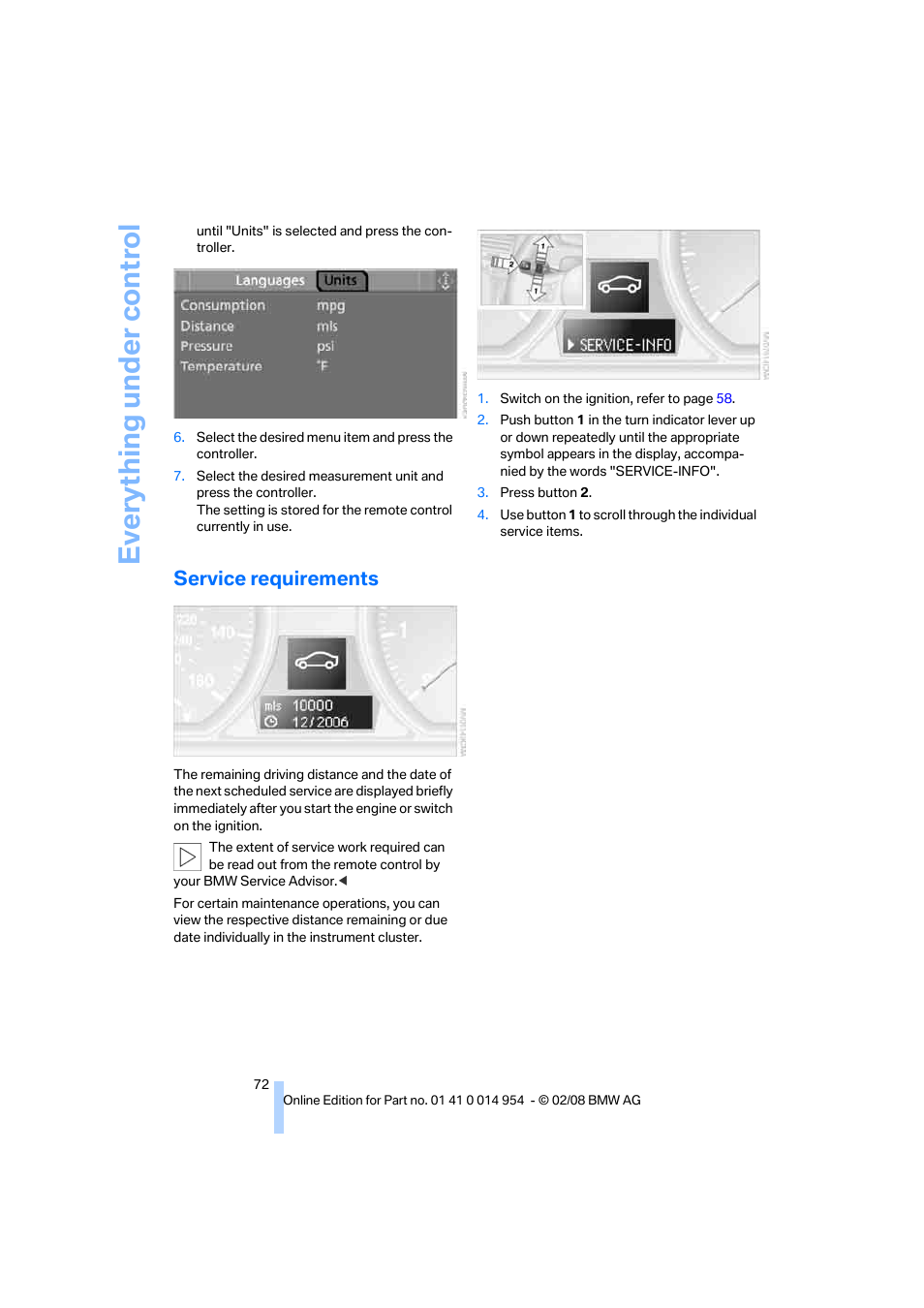 Service requirements, Eve ryth ing un de r co nt rol | BMW 135i Convertible 2008 User Manual | Page 74 / 264