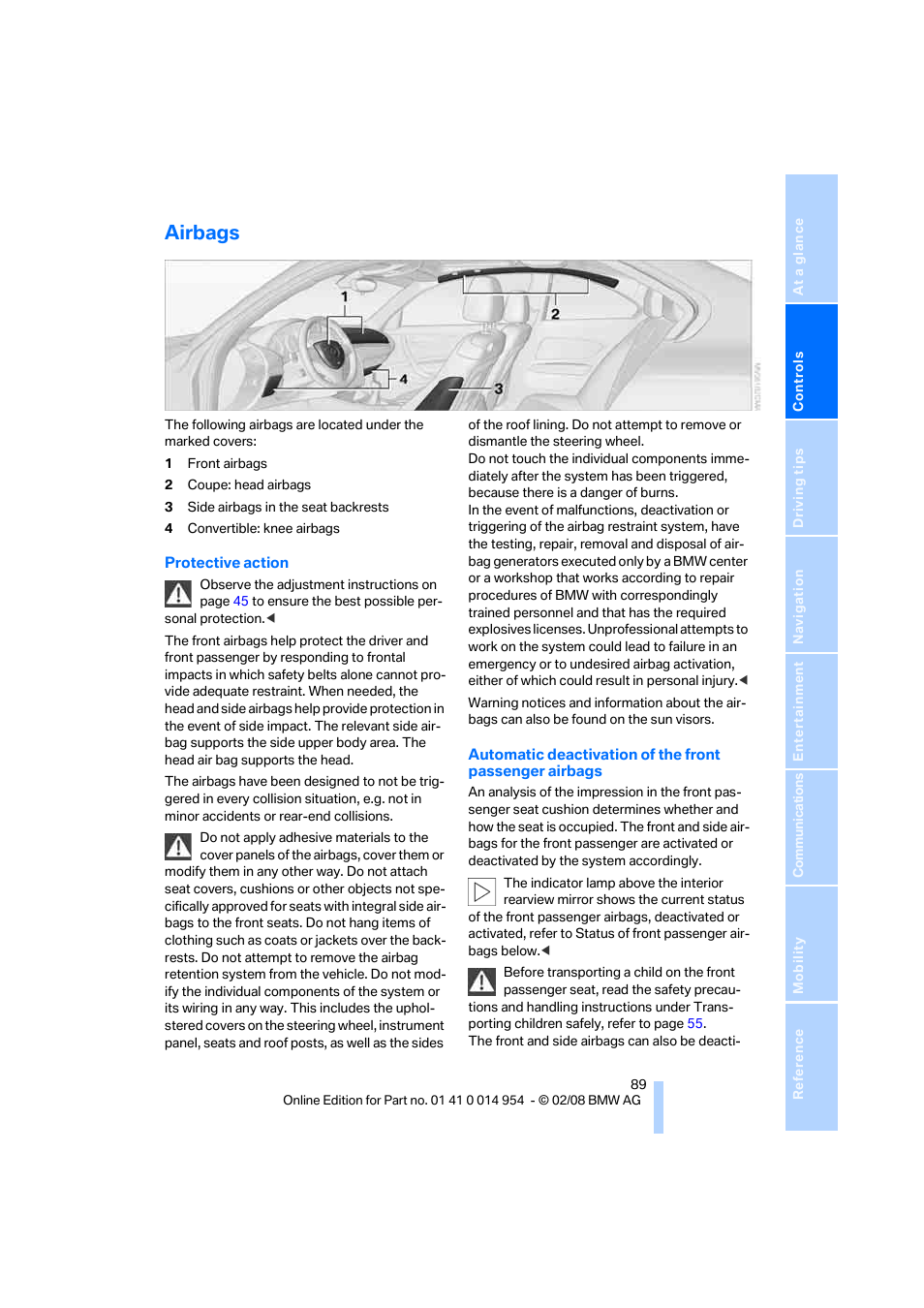 Airbags | BMW 135i Convertible 2008 User Manual | Page 91 / 264