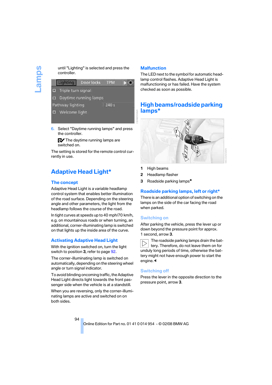 Adaptive head light, High beams/roadside parking lamps, La mp s | BMW 135i Convertible 2008 User Manual | Page 96 / 264
