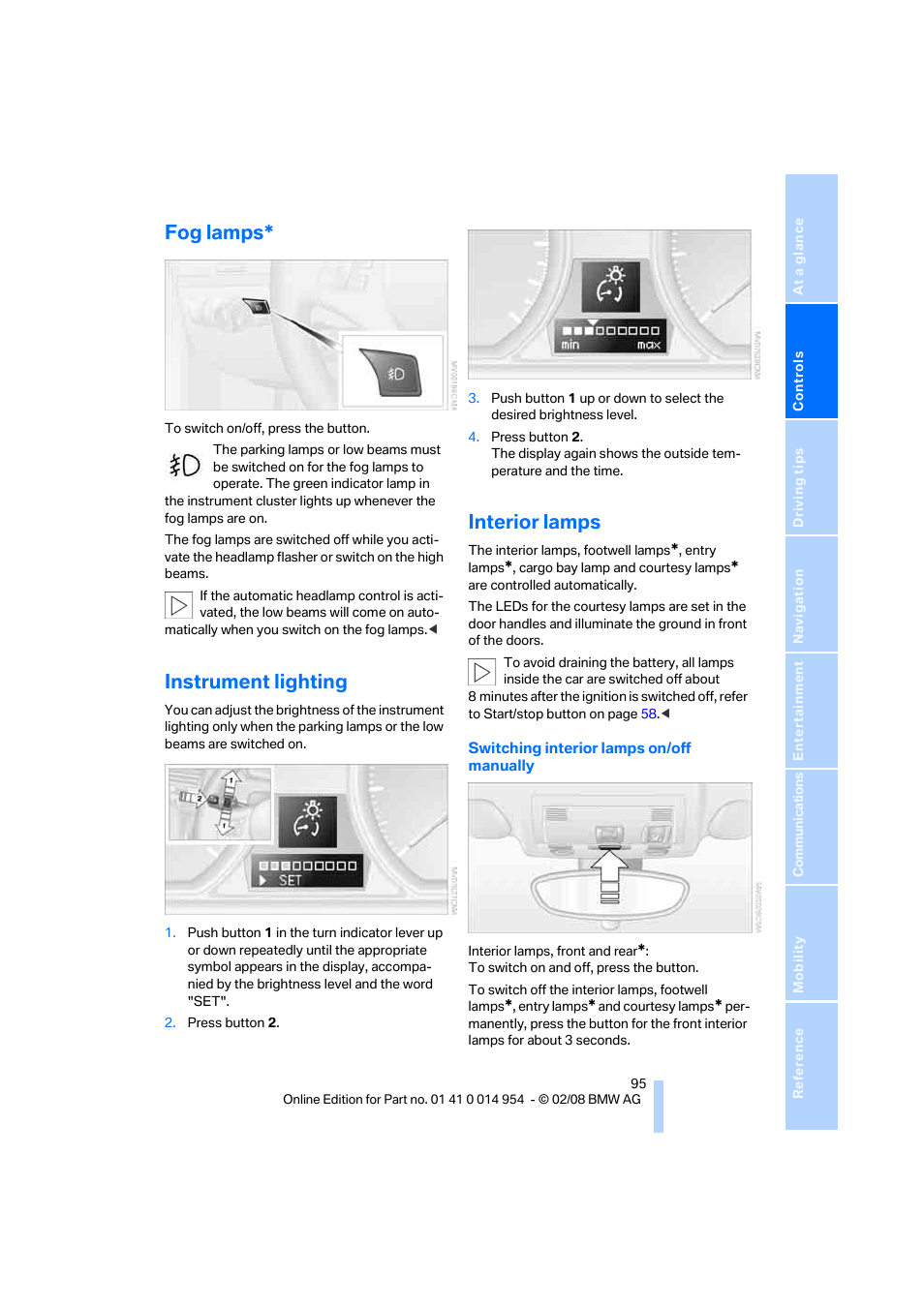 Fog lamps, Instrument lighting, Interior lamps | Ghting | BMW 135i Convertible 2008 User Manual | Page 97 / 264