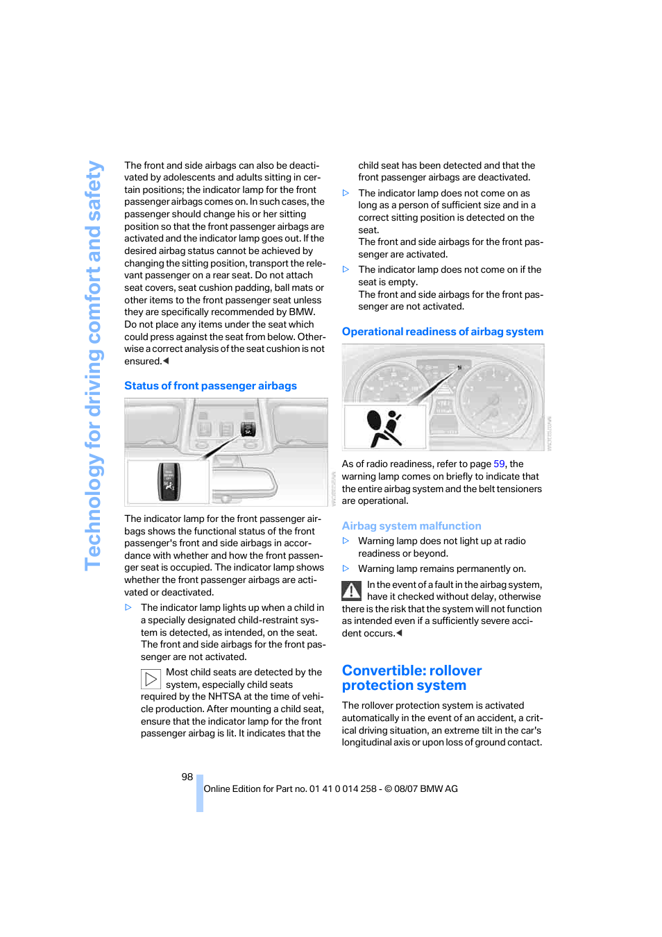 Convertible: rollover protection system, Te chnology for driving comfort and safe ty | BMW 335i Convertible 2008 User Manual | Page 100 / 272