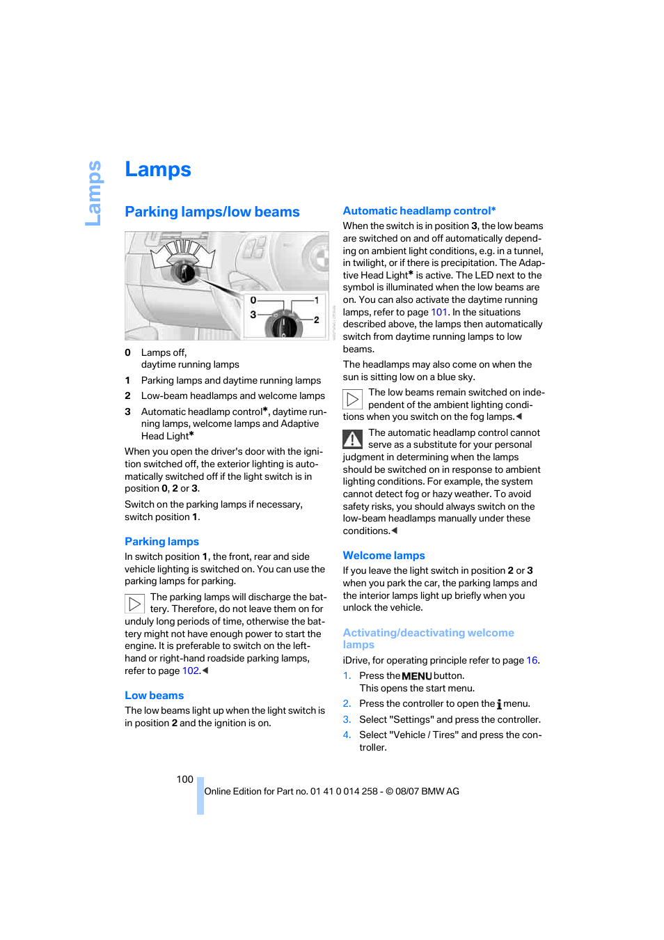 Lamps, Parking lamps/low beams, La mp s | BMW 335i Convertible 2008 User Manual | Page 102 / 272