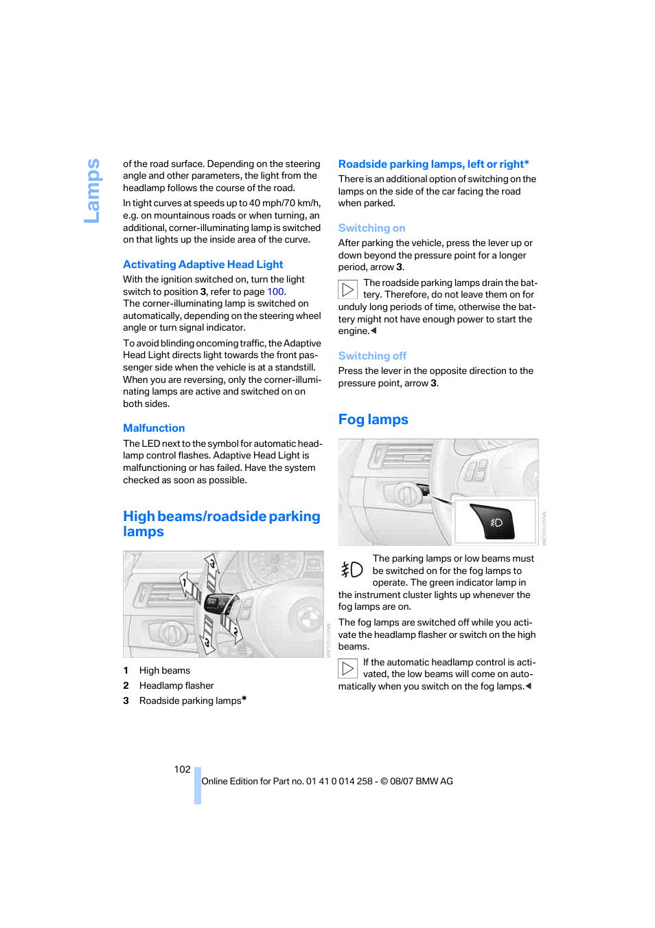 High beams/roadside parking lamps, Fog lamps, La mp s | BMW 335i Convertible 2008 User Manual | Page 104 / 272