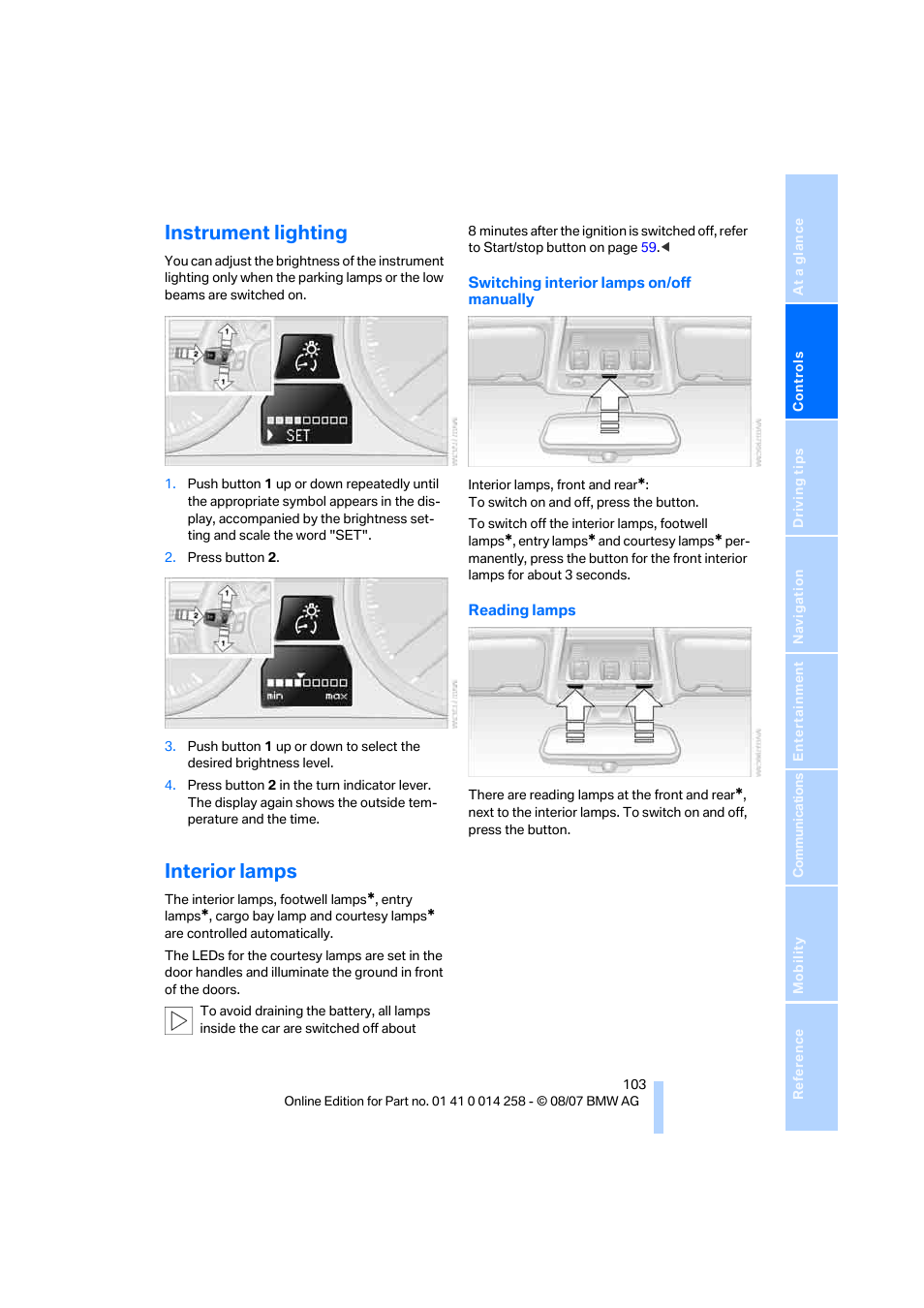 Instrument lighting, Interior lamps, Ghting | BMW 335i Convertible 2008 User Manual | Page 105 / 272