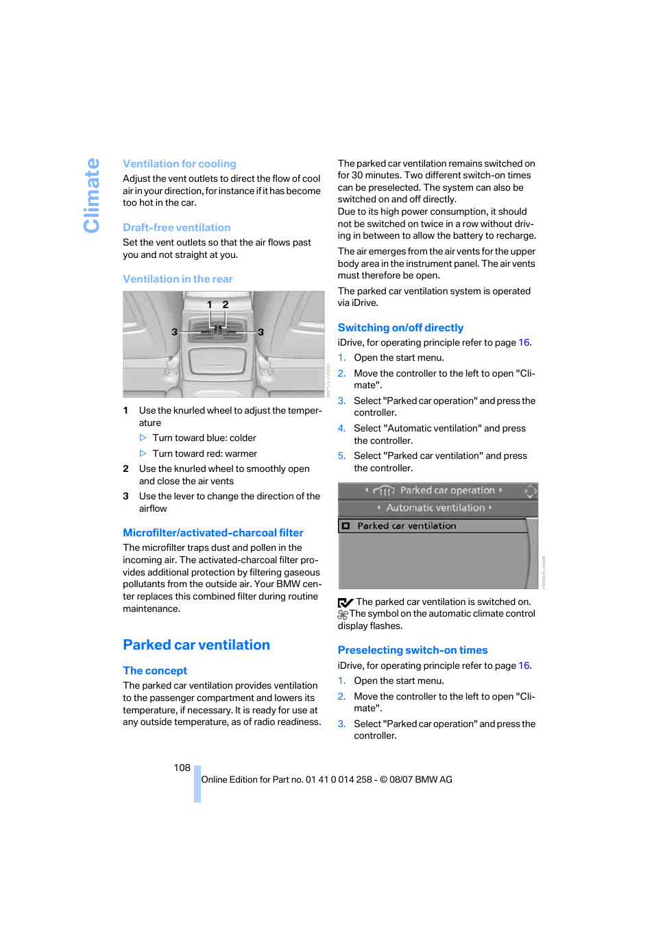 Parked car ventilation, Climate | BMW 335i Convertible 2008 User Manual | Page 110 / 272