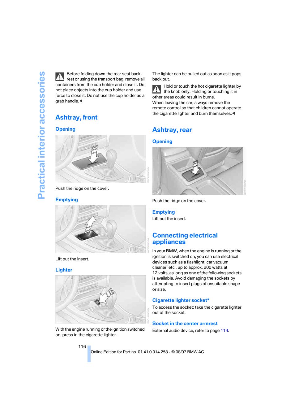 Ashtray, front, Ashtray, rear, Connecting electrical appliances | Practical interi or acc ess orie s | BMW 335i Convertible 2008 User Manual | Page 118 / 272