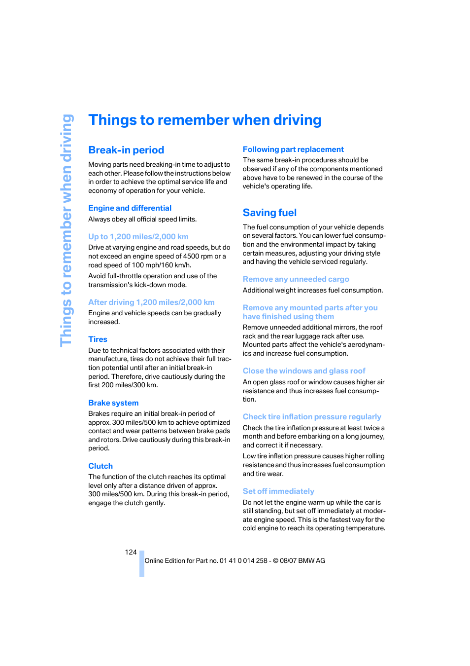 Things to remember when driving, Break-in period, Saving fuel | G ti, Things to re memb er when driving | BMW 335i Convertible 2008 User Manual | Page 126 / 272