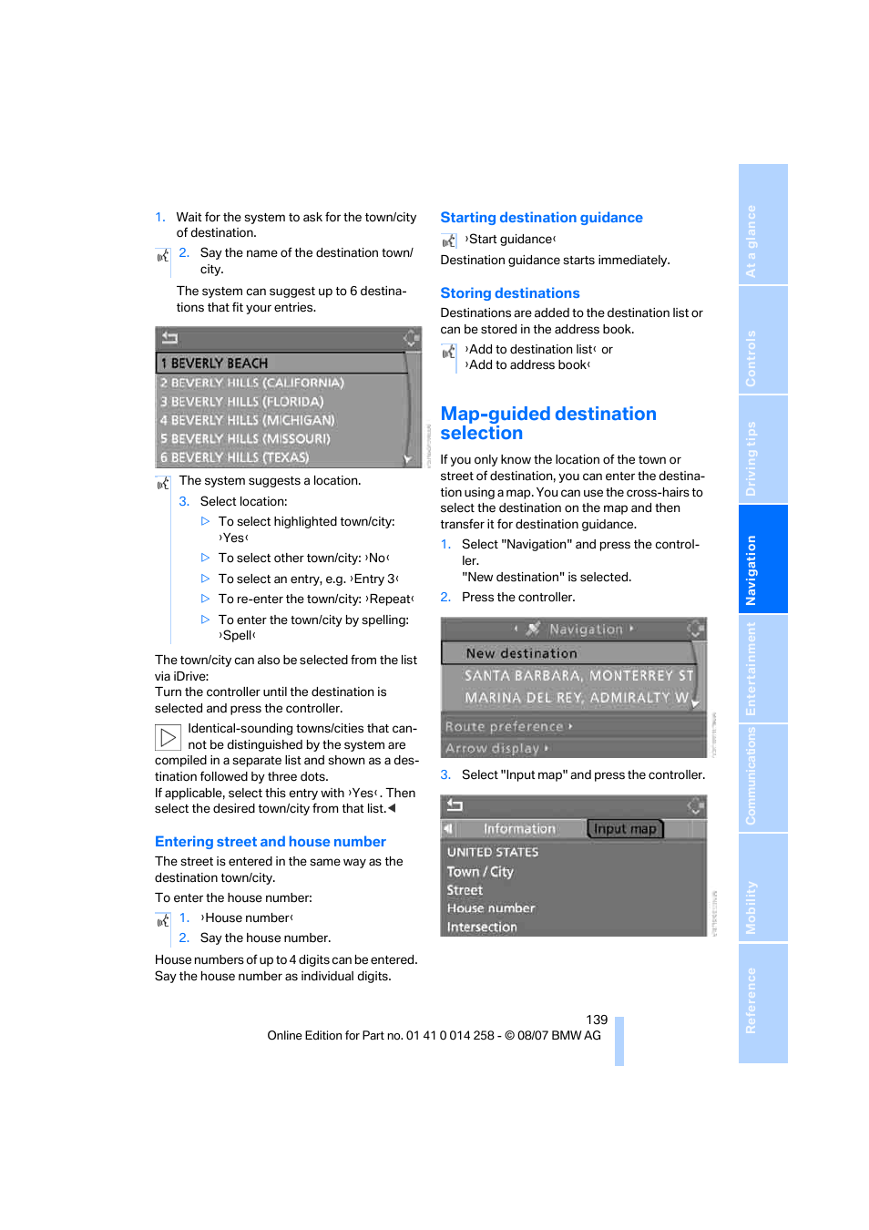 Map-guided destination selection | BMW 335i Convertible 2008 User Manual | Page 141 / 272