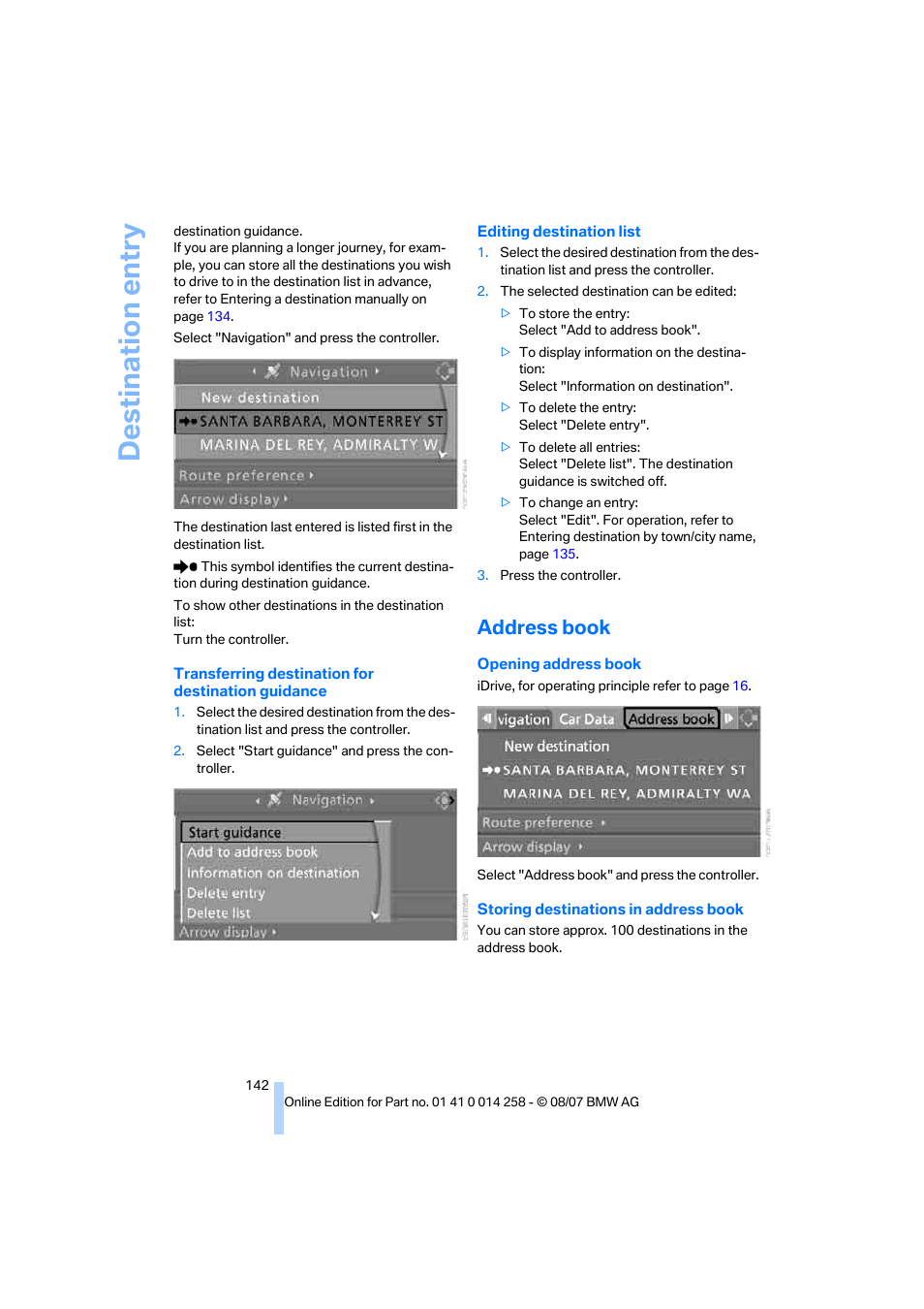 Address book, Destination entry | BMW 335i Convertible 2008 User Manual | Page 144 / 272