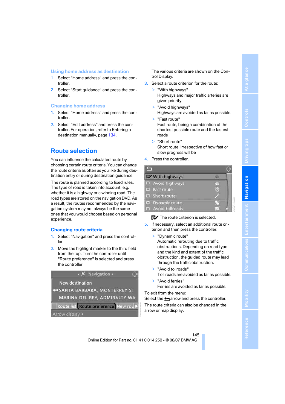 Route selection | BMW 335i Convertible 2008 User Manual | Page 147 / 272