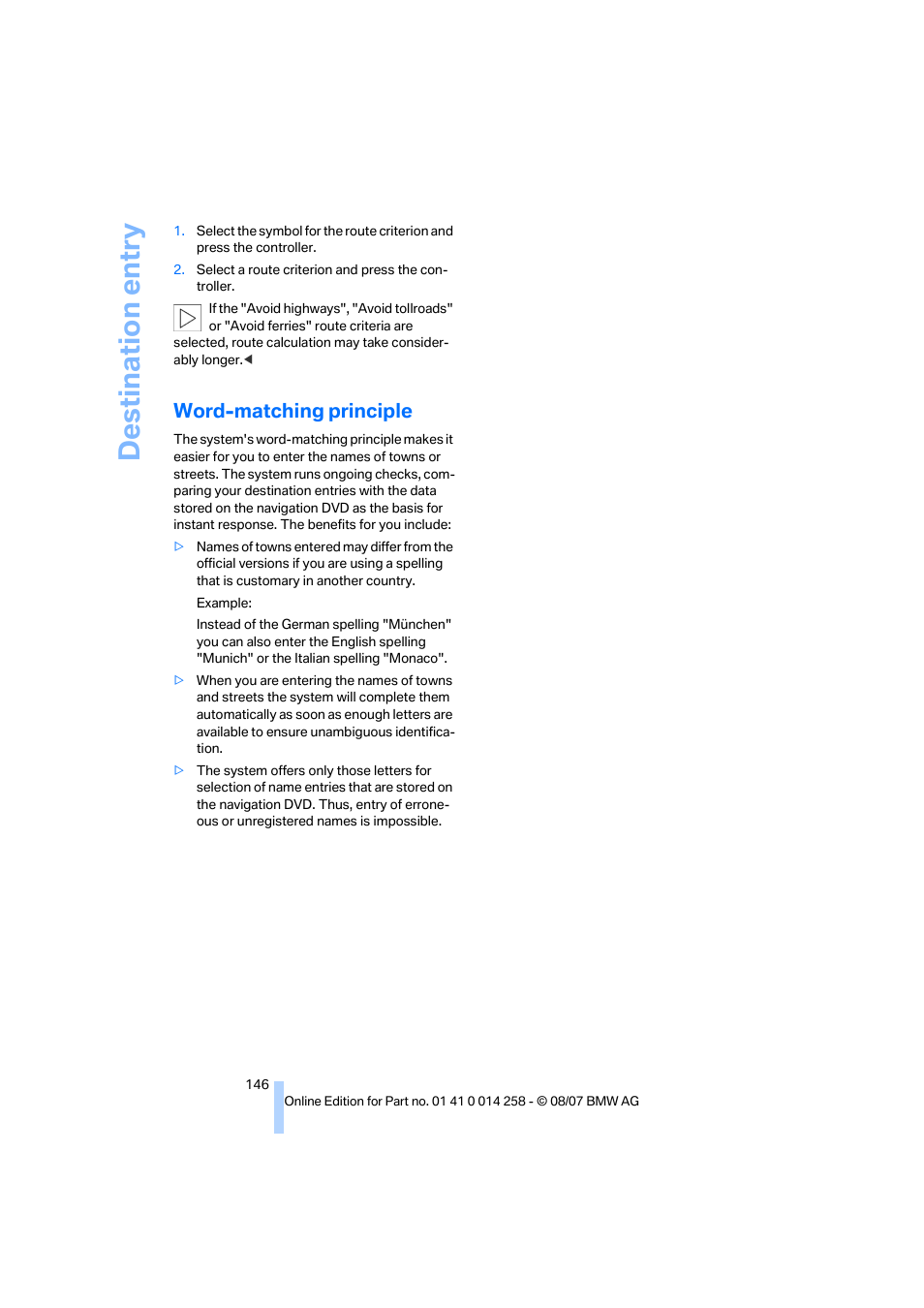 Word-matching principle, Destination entry | BMW 335i Convertible 2008 User Manual | Page 148 / 272