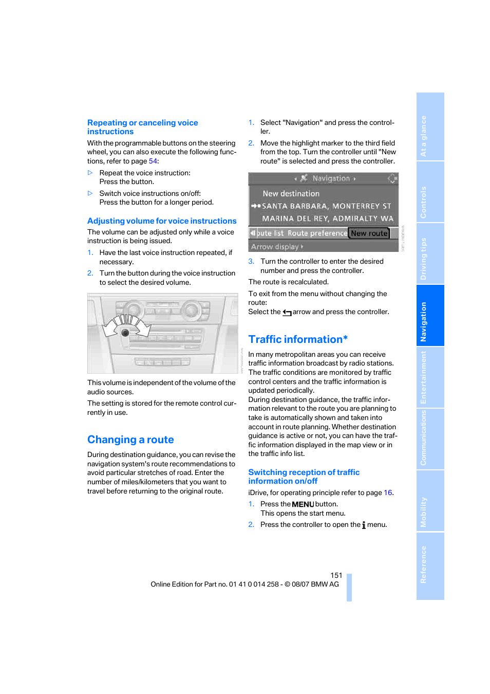 Changing a route, Traffic information | BMW 335i Convertible 2008 User Manual | Page 153 / 272