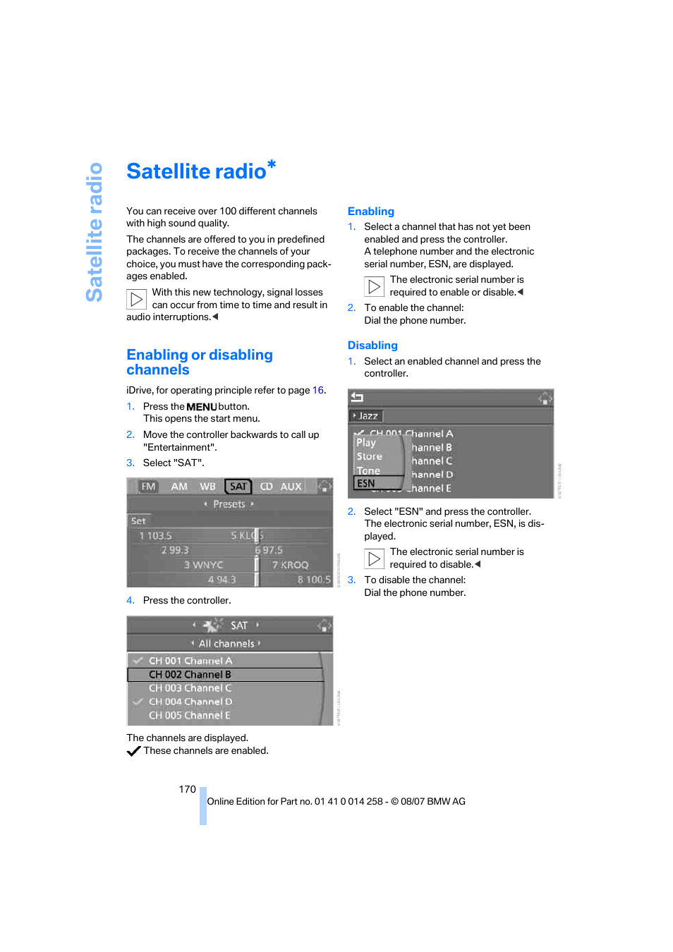 Satellite radio, Enabling or disabling channels, Sa tellite radi o | BMW 335i Convertible 2008 User Manual | Page 172 / 272