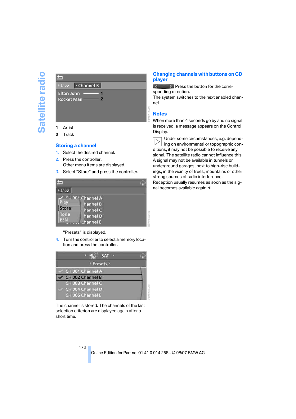 Sa tellite radi o | BMW 335i Convertible 2008 User Manual | Page 174 / 272