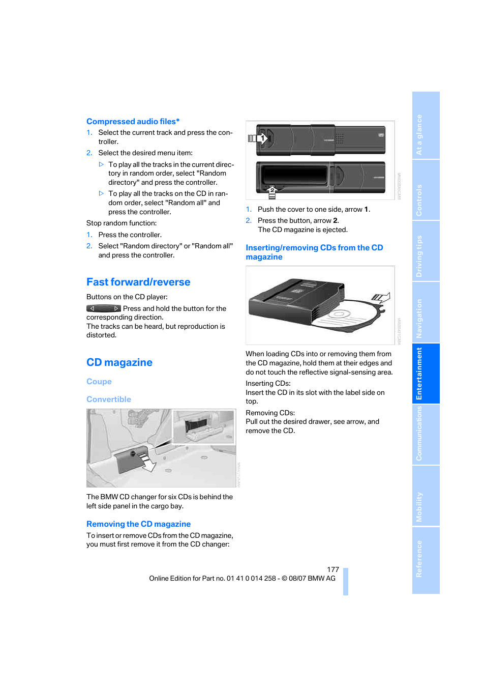 Fast forward/reverse, Cd magazine | BMW 335i Convertible 2008 User Manual | Page 179 / 272