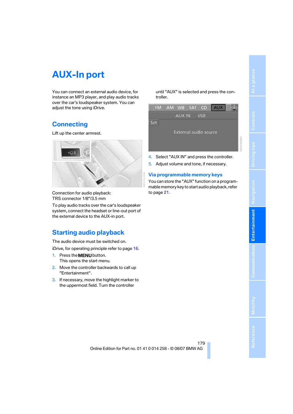 Aux-in port, Connecting, Starting audio playback | BMW 335i Convertible 2008 User Manual | Page 181 / 272