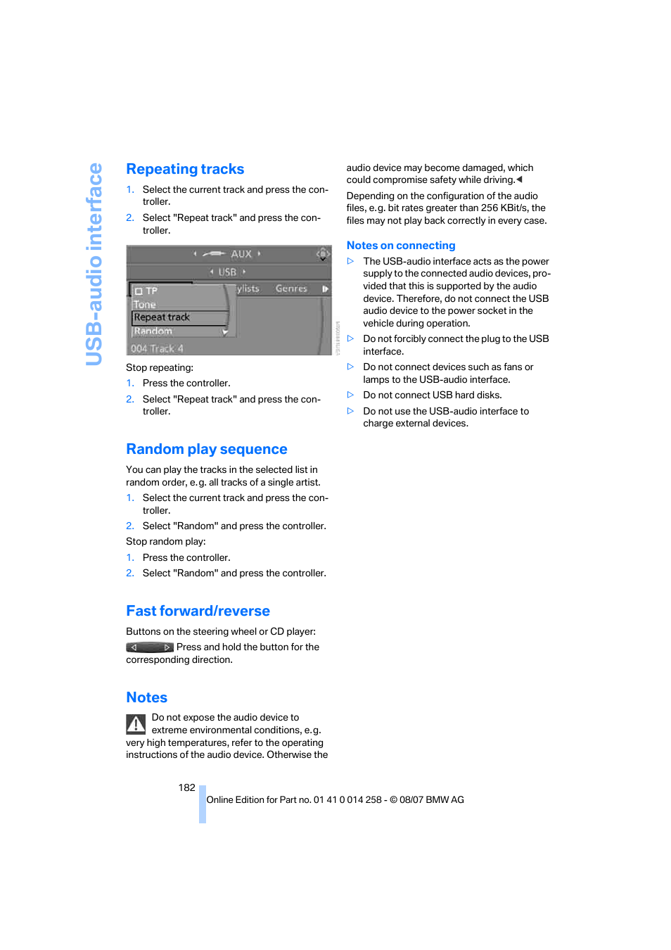 Repeating tracks, Random play sequence, Fast forward/reverse | Notes, Us b-audio interf ace | BMW 335i Convertible 2008 User Manual | Page 184 / 272