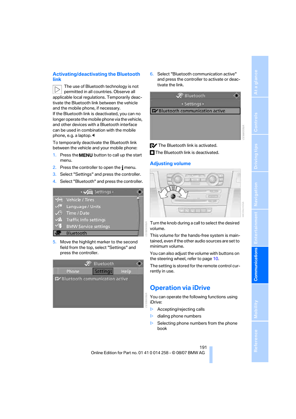 Operation via idrive | BMW 335i Convertible 2008 User Manual | Page 193 / 272