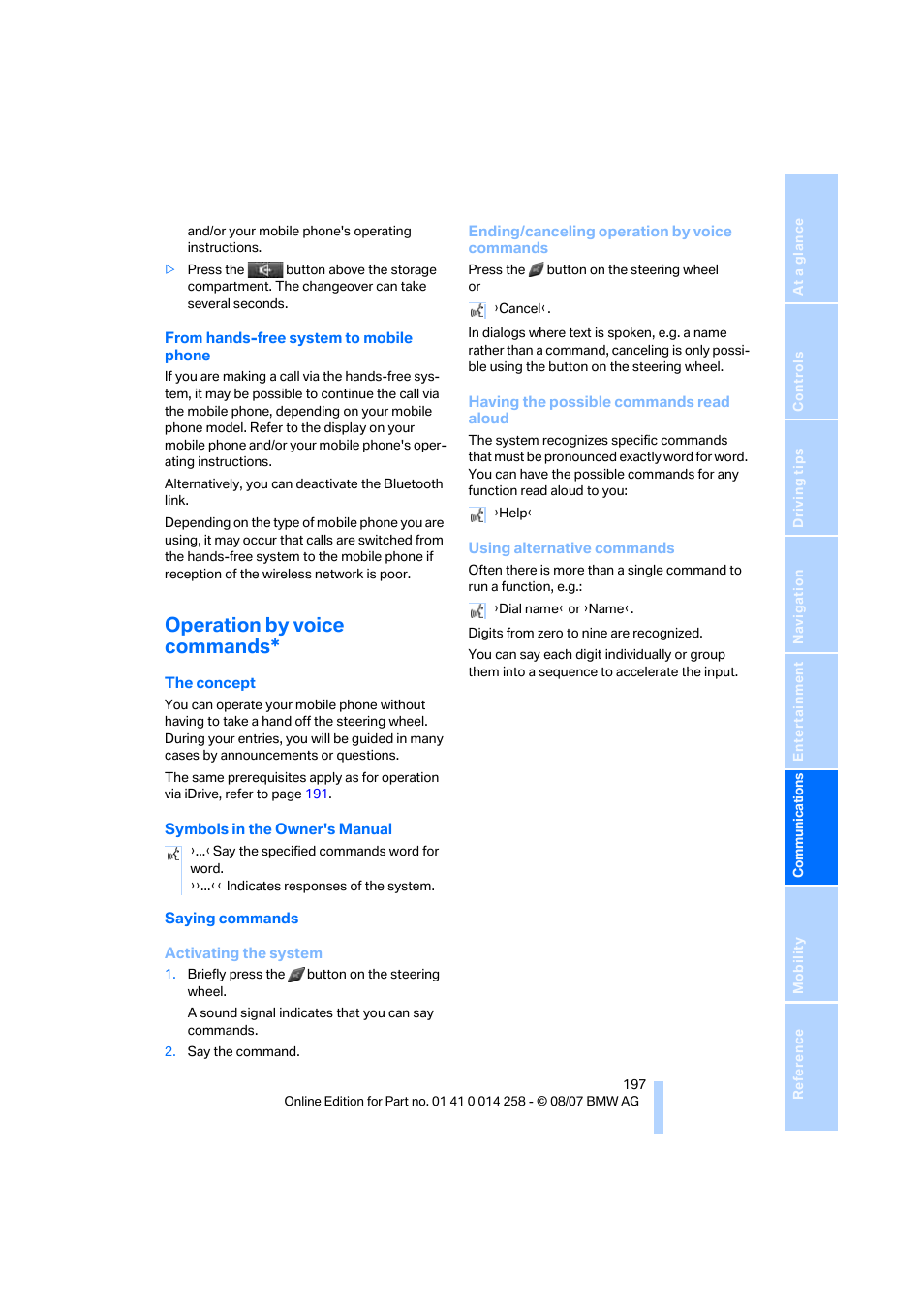 Operation by voice commands | BMW 335i Convertible 2008 User Manual | Page 199 / 272