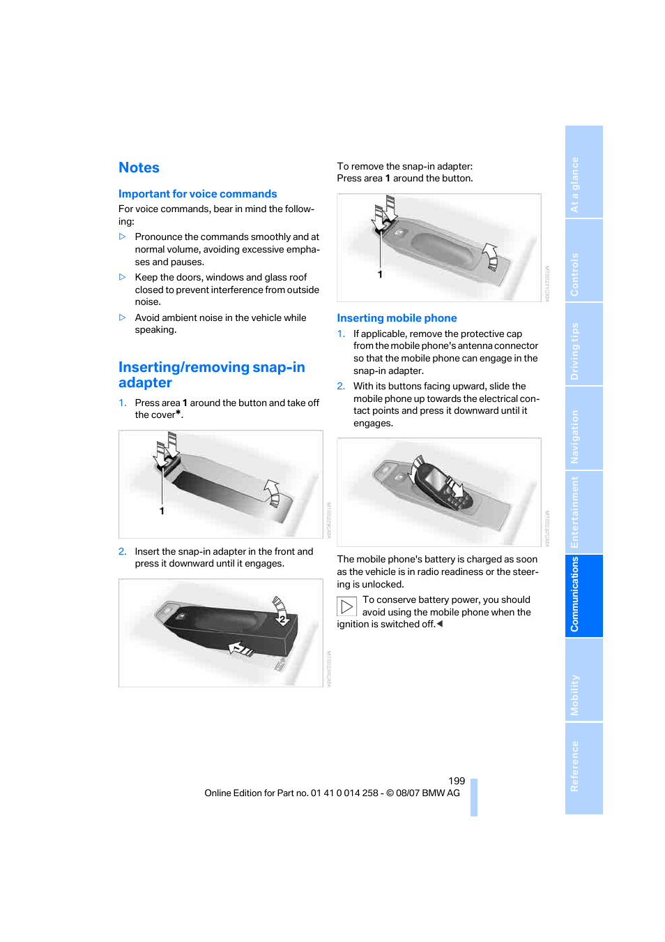 Notes, Inserting/removing snap-in adapter | BMW 335i Convertible 2008 User Manual | Page 201 / 272